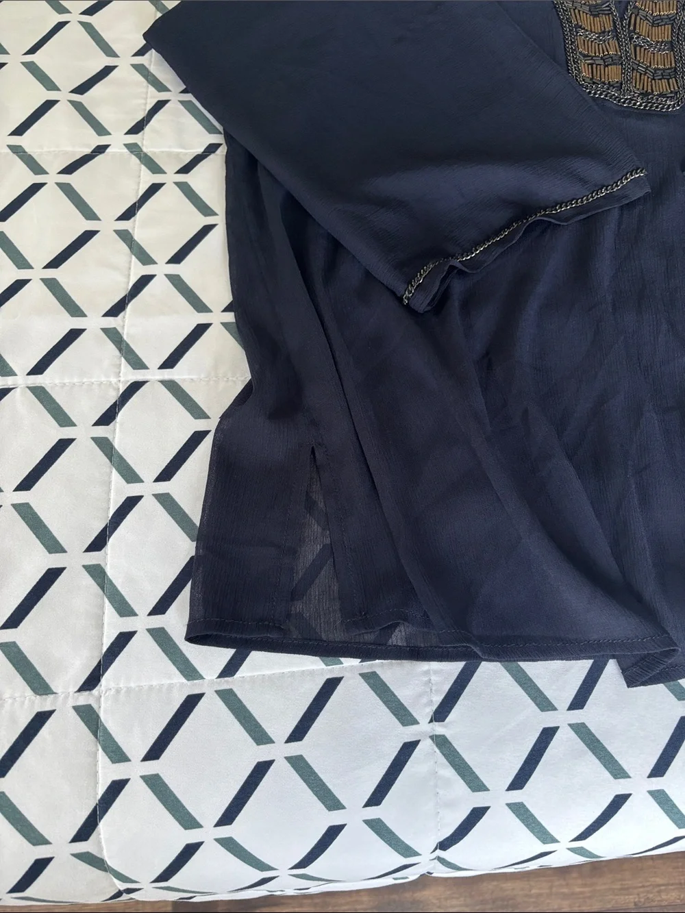 Cache Navy blue Sheer Tunic with Gold Embellished V-Neck